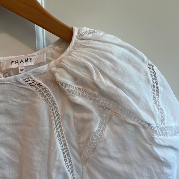 Frame Inset Lace Gathered Seam Top, Size S, White - Picture 10 of 11